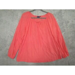 Northcrest Coral Eyelet Lace‎ Up Tie Neck Blouse Shirt Women's XL Long Sleeve